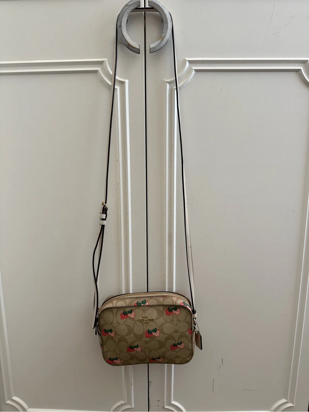COACH Signature Canvas Cosmetic Pouch in Brown with Red Strawberry Print